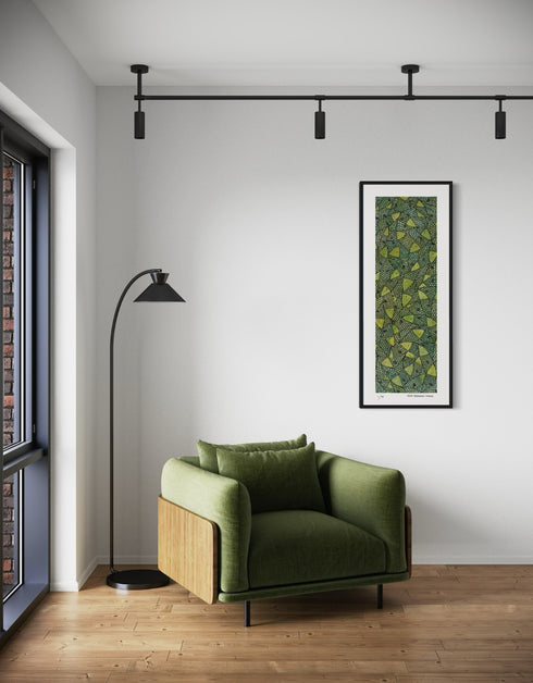 Green Gold Sardines is a Limited Edition Print by Seth B. Minkin, with bold lime green and gold hues, highlighting sardines' dynamic colors and playful composition.
